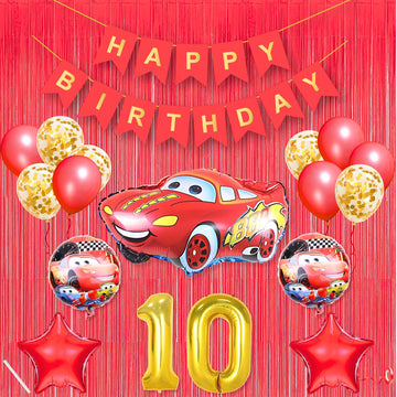 10Th Car Theme Happy Birthday Banner Decoration Red For 10 Year Old Baby Boys Girls Kids 5 Pc Lightning Macqueen Theme 10 Pc Con