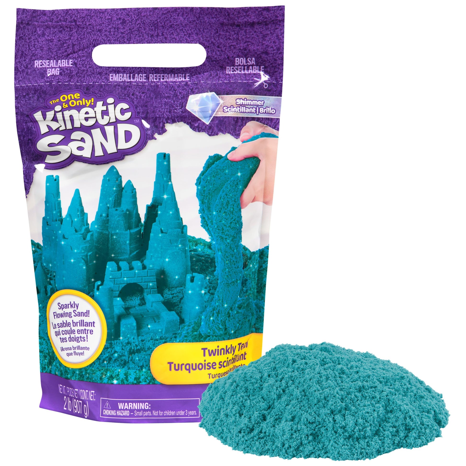 Kinetic Sand, Twinkly Teal 2lb Bag of All-Natural Shimmering Play Sand for Squishing, Mixing and Molding, Sensory Toys for Kids 