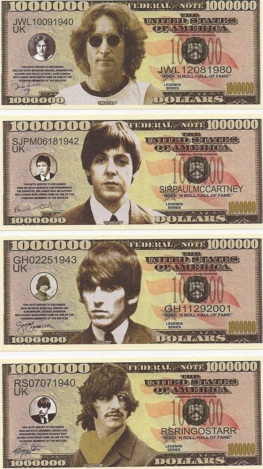 The Beatles $Million Dollar$ Novelty Bills Complete Set Of 4