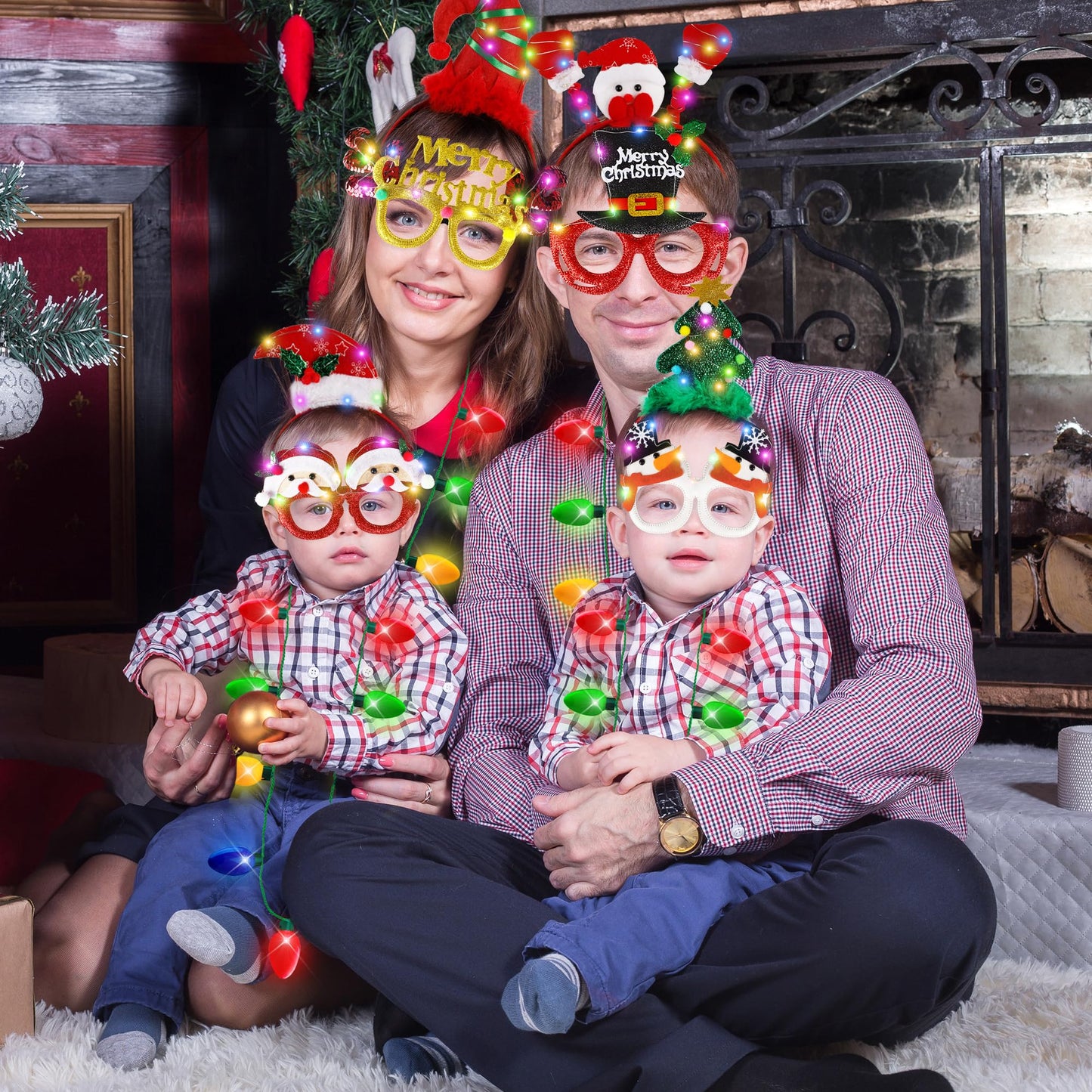 27 PCS Christmas Party Favors, Light Up Xmas Necklace Headband Glasses Set, Xmas Bulb Necklace Antler Lights Headbands LED Flash