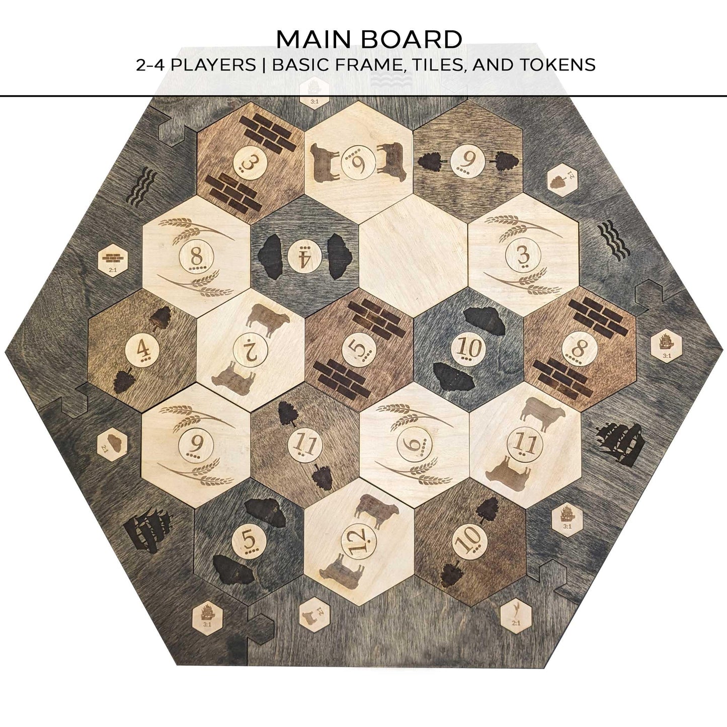 Custom Wood Settler Game Board - 2-4 Players | Main Board Ebony Frame | Compatible with Catan