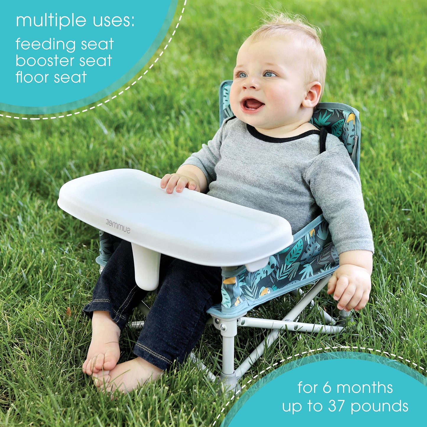 Bright Starts Pop 'N Sit Portable Booster Chair, Jungle Botanical, Medium, Indoor/Outdoor Use, Compact Fold, Model 13043Z