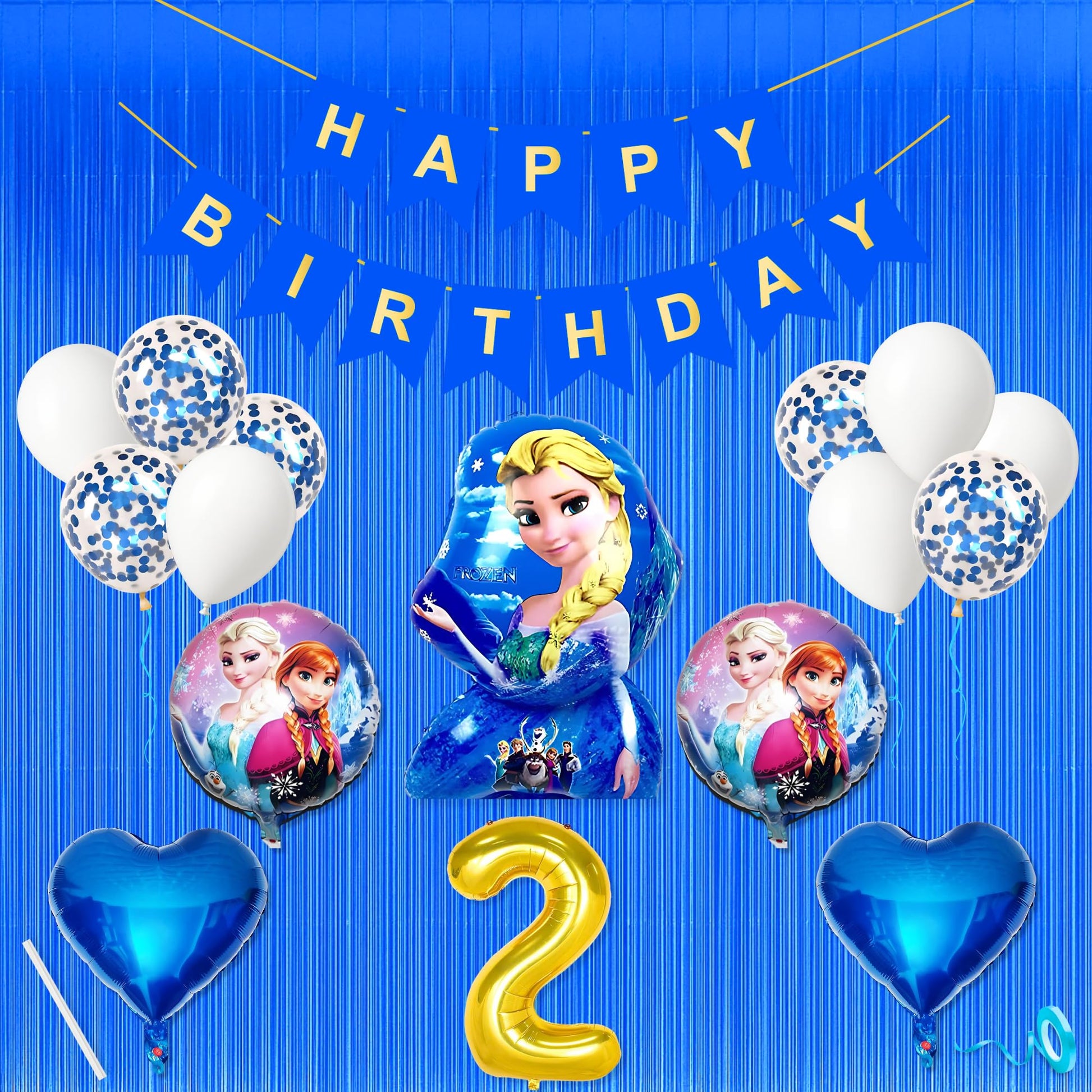 2Nd Frozen Theme Happy Birthday Banner Decoration Items Dark Blue For 2 Year Old Baby Boys Girls Kids 5 Pc Elsa Anna Theme 10 Pc