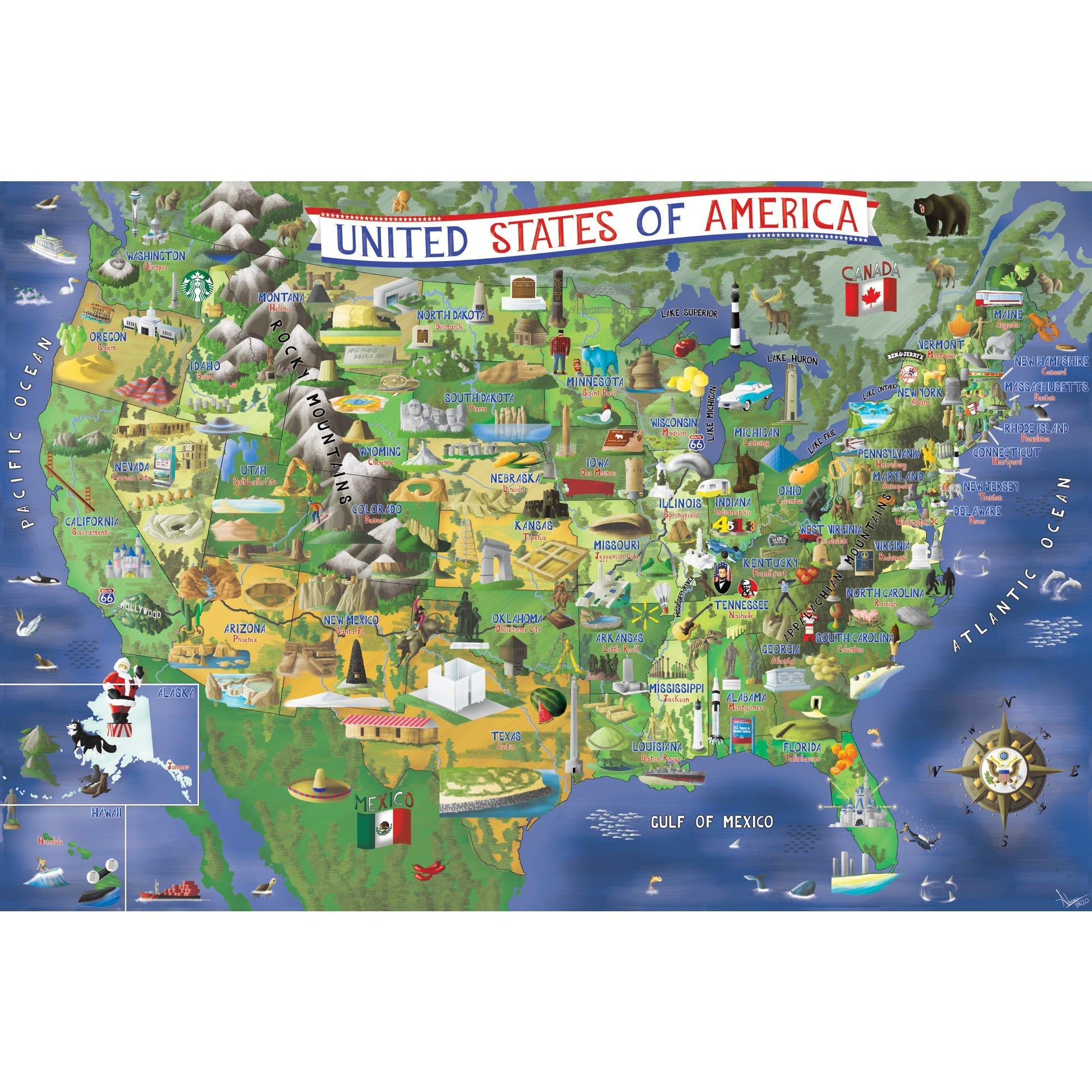 A2Play Usa Map Puzzle 1000 Piece For Adults, United States Of America, Patriotic Jigsaw Puzzle & Bonus Fact Poster, Premium Mate