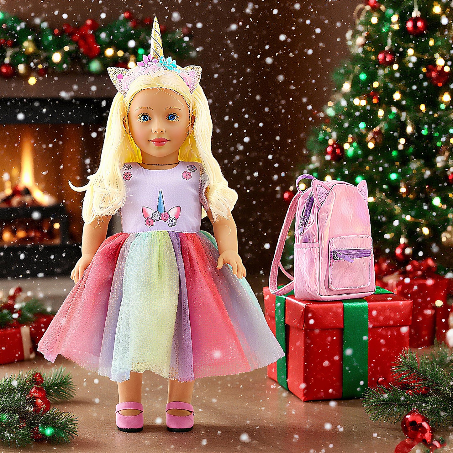 DOLLFUN 18 inch Doll Clothes and Accessories  Unicorn Dress Set Includes Shoes  Unicorn Headbands & Backpack(Compatibie with Most 18 Inch Doll)