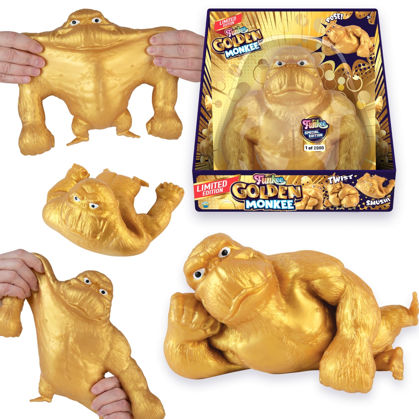 Limited Numbered Series (300 Remain Of 2000 Produced) Orb Golden Funkee Monkee - Big 4.5 Pound Stretchy Monkey - Squishy, Squeez