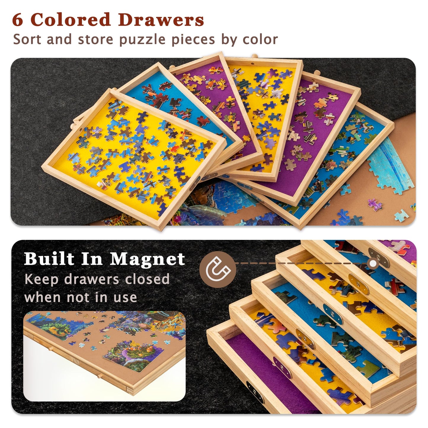 Becko US Jigsaw Puzzle Board with 6 Drawers, 2000 Pieces, Pinewood & MDF, Adjustable Angles, Flannel Top, Model PTZ042