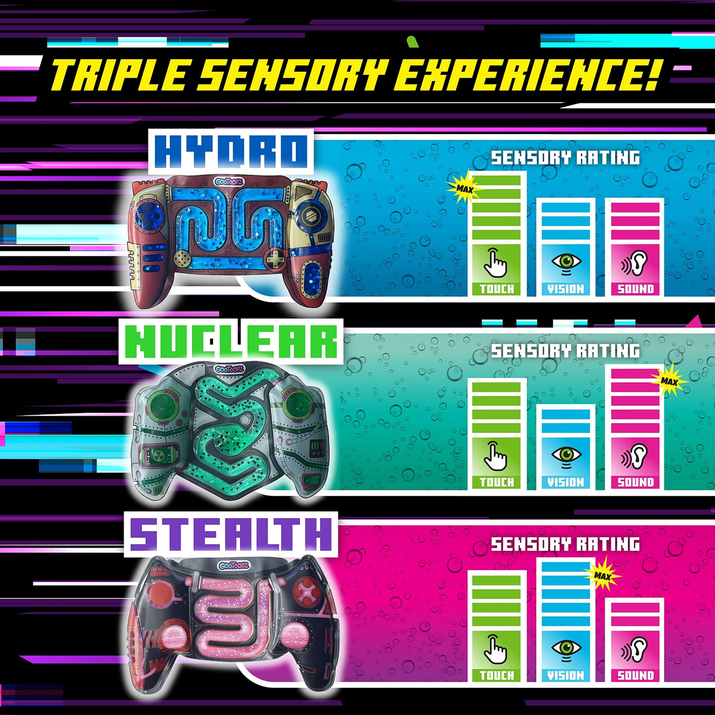 GooToobz Gamers, Squishy Sensory Game Controllers Filled with Colorful Water, Non-Toxic, No-Mess, Squeezable Fidget, Stress and