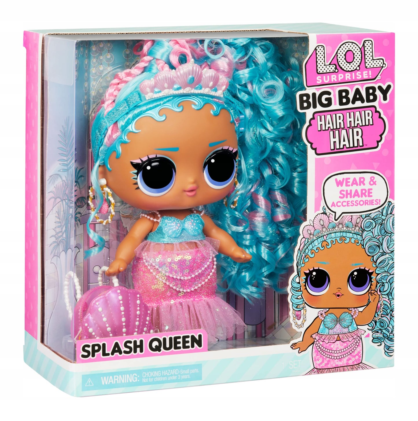 LOL Surprise Big Baby Hair Large 11 Splash Queen Doll w/ 14 Surprises Including Shareable Accessories & Blue Pink Hair & Dress,