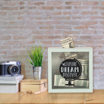 Prinz Explore Dream Discover Money Savings Piggy Bank for mature-themeds  Kids Savings Box Change Jar  6' x 6' Wooden Shadow Box  Light Green