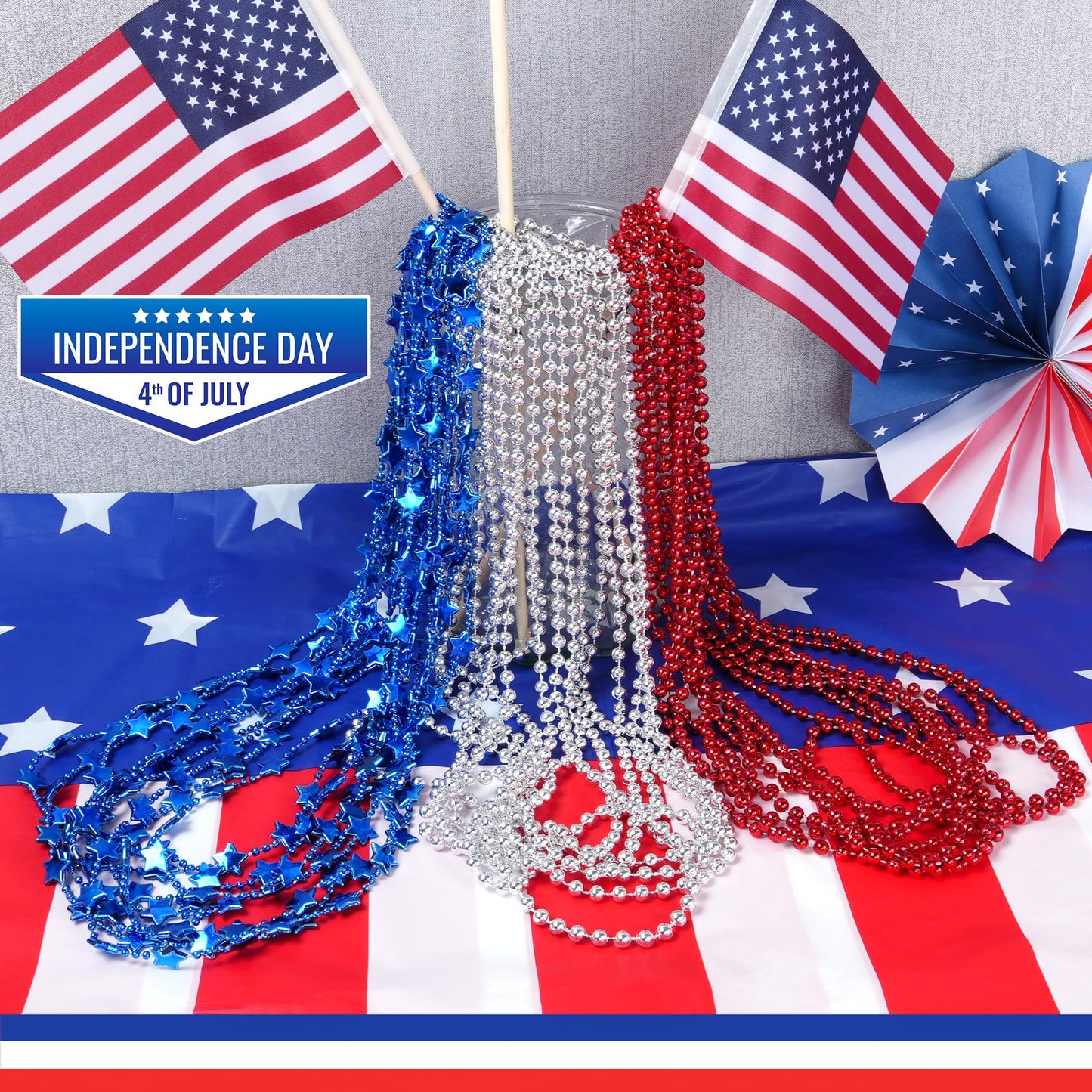 Hoosun 4Th Of July Beaded Necklace, 24Pcs Patriotic Star Bead Necklaces Red Silver And Blue Accessories,Fourth Of July Beads For