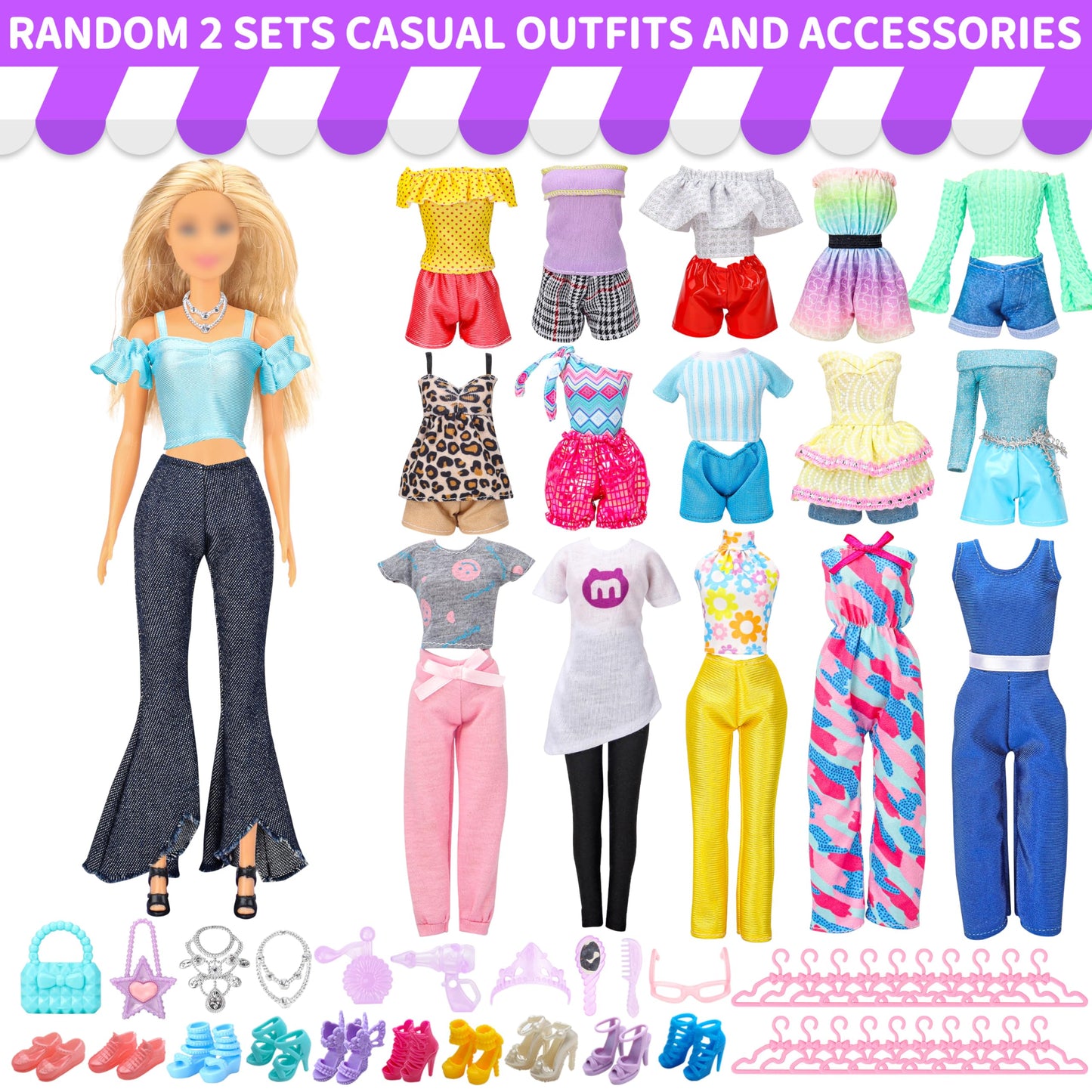 Style Shine 52 Pcs Doll Clothes And Accessories,2 Wedding Gowns 6 Fashion Dresses 2 Set Casual Outfits Top And Pant 2 Swimsuit,2
