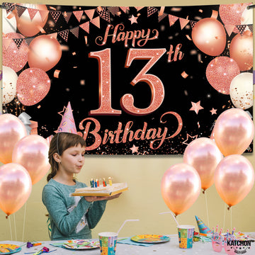 Katchon Rose Gold Happy 13Th Birthday Banner - Xtralarge, 72X44 Inch | Rose Gold And Black Happy 13Th Birthday Decorations For Girls | Official Teenager Banner, 13 Year Old Birthday Supplies