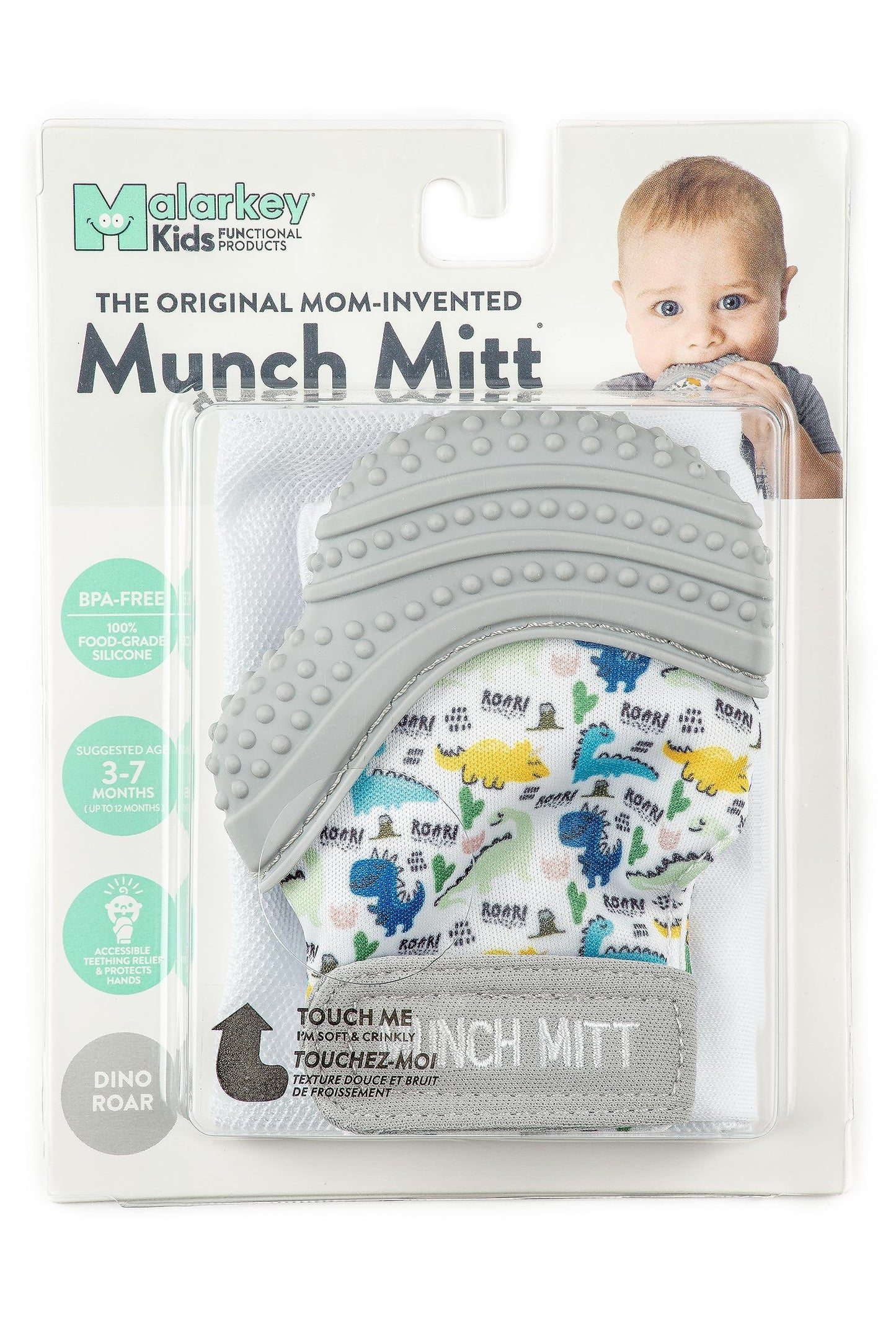 Malarkey Kids Teething Mitten - Silicone Baby Chew Toy, 1 Count, Dino Roar, Heals Gums & Promotes Stimulation