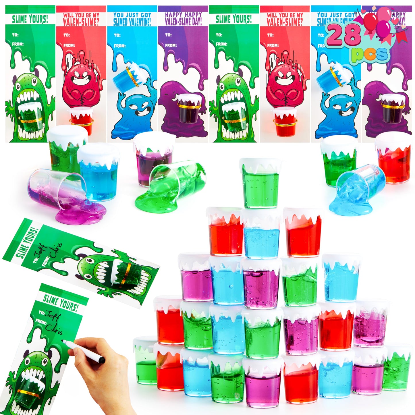 Joyin 28 Pcs Valentines Day Gifts Cards For Kids With Slime Stress Relief Fidget Toy For Classroom Exchange Cards Prize And Vale