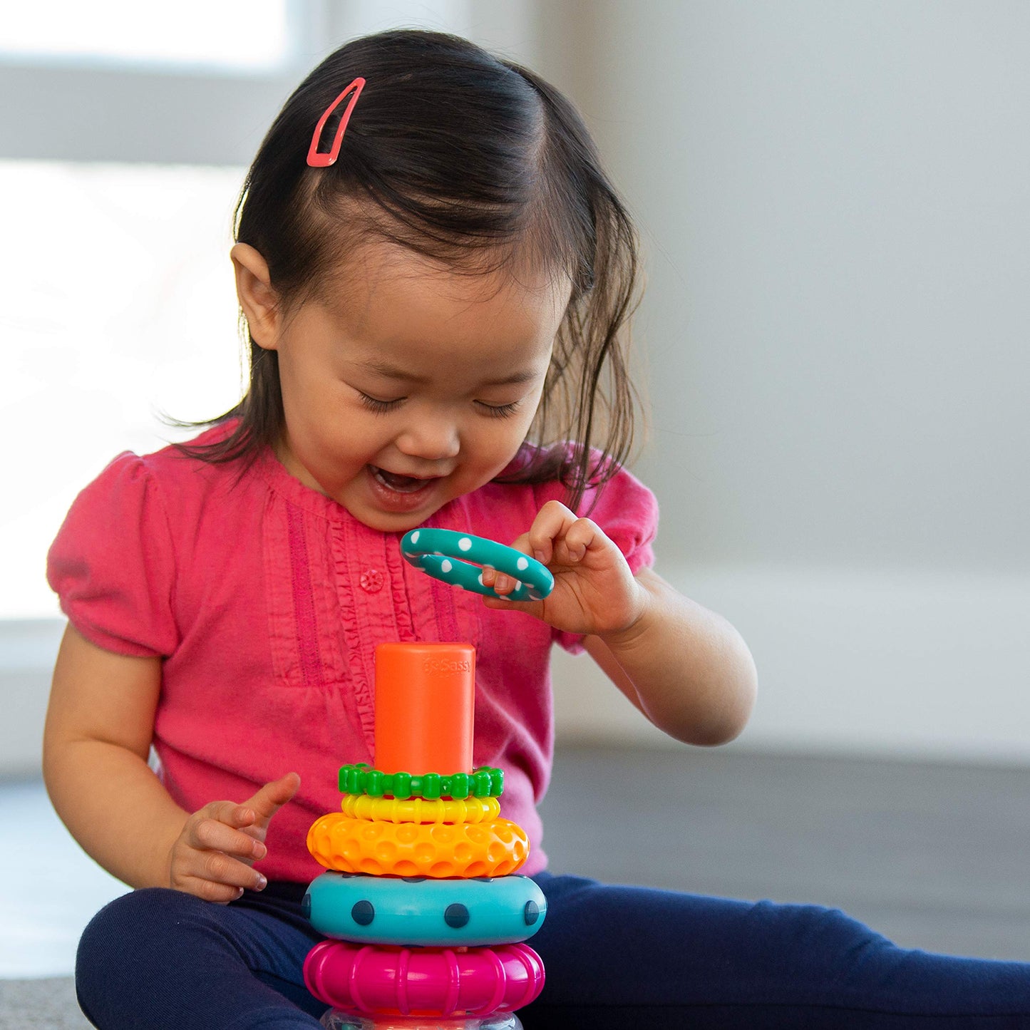 Sassy Stacks of Circles Stacking Ring Toy, 9 Piece Set, Multi, Plastic, for Ages 6+ Months, Model 80795FAAM