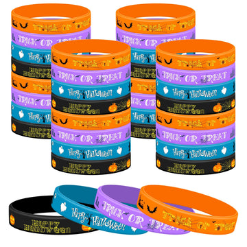Lesnala 48 Pcs Halloween Silicone Wristband 4 Classic Styles for Kid Holiday Gifts Party Favor and Goodie Bag Fillers Supply