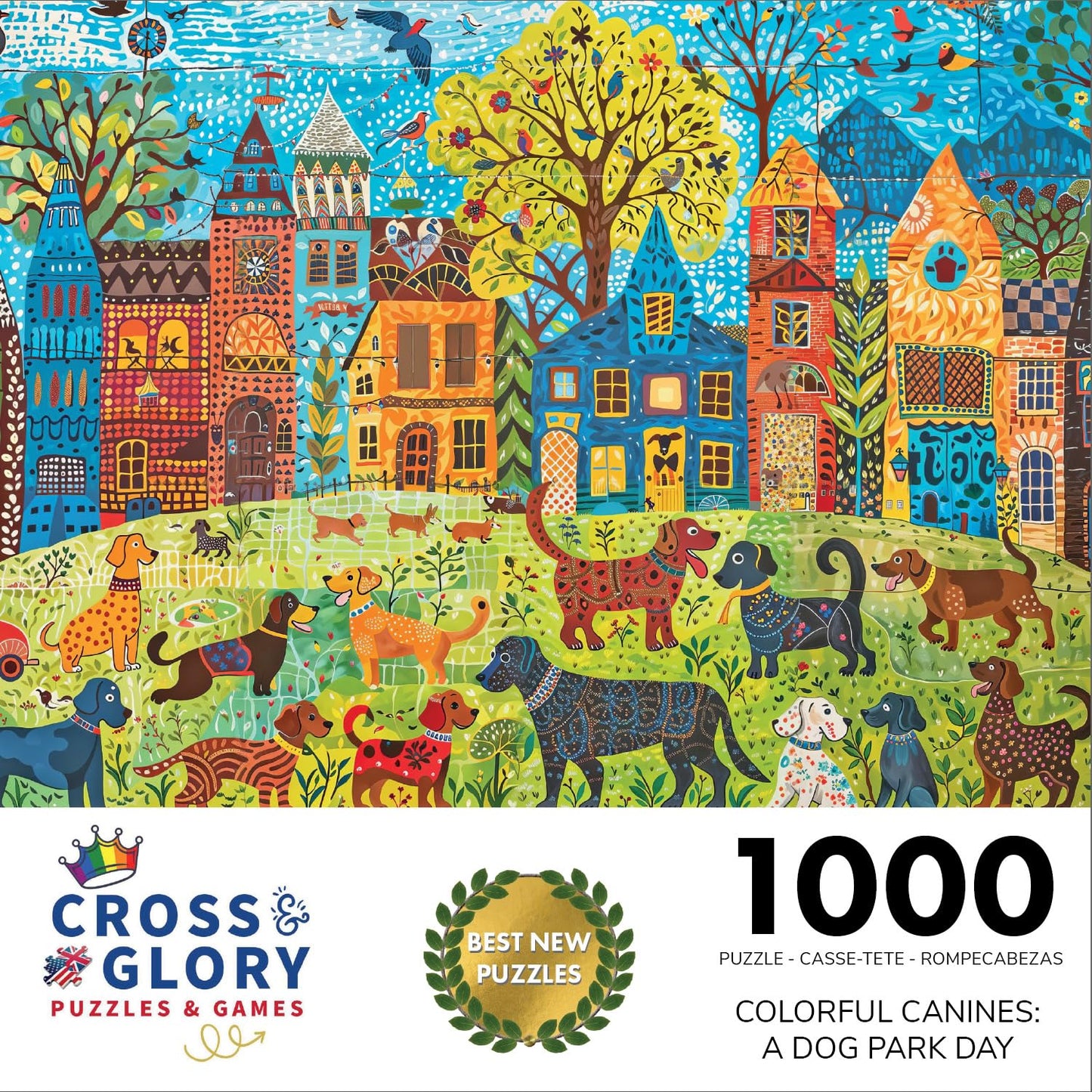 Cross & Glory - Colorful Canines: A Dog Park Day - 1000 Piece Folk Art Style Jigsaw Puzzle For Adults | Vibrant City Scene With Playful Pups | Perfect For Dog Lovers