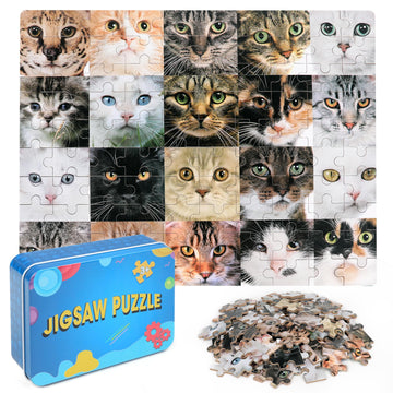 Lelemon 100 Pieces Multicolor Cats Puzzles In A Metal Box Cute Cats Jigsaw Puzzle For Kids Ages 4-8 Children Learning Educationa
