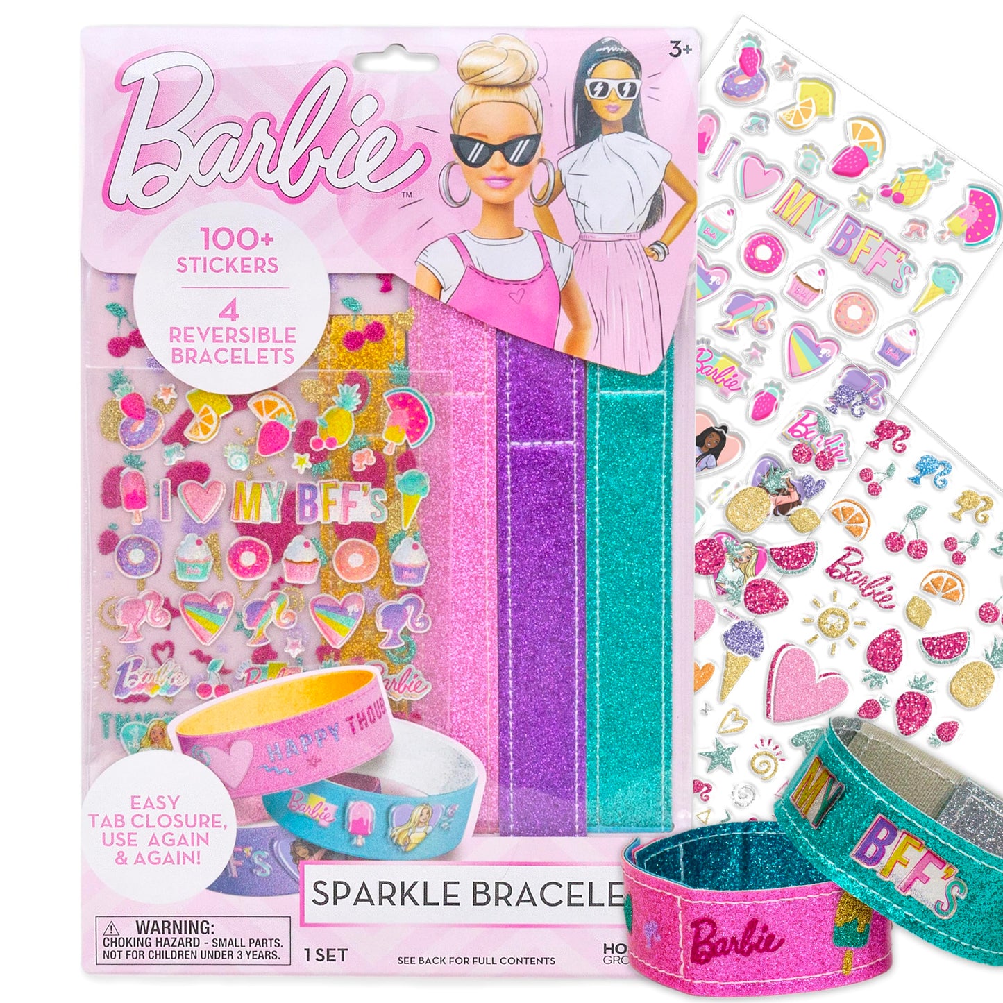 Barbie Sparkle Bracelet Making Kit, 4 Reversible Shimmery Bracelets, 100+ Traditional and Puffy Resin Stickers, DIY Friendship J