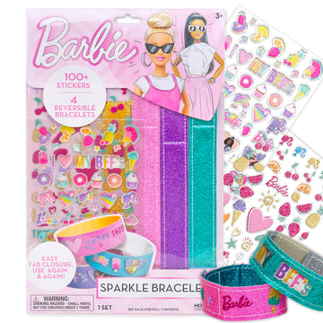 Barbie Sparkle Bracelet Making Kit, 4 Reversible Shimmery Bracelets, 100+ Traditional and Puffy Resin Stickers, DIY Friendship J
