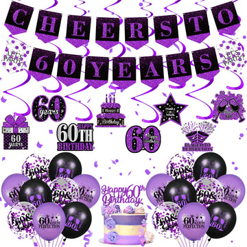 Purple 60Th Birthday Decorations For Women Men Purple Black 60Th Birthday Banner Hanging Swirls 60Th Birthday Balloons Happy 60Th Birthday Cake Topper For Purple Cheer To 60 Years Party Supplies