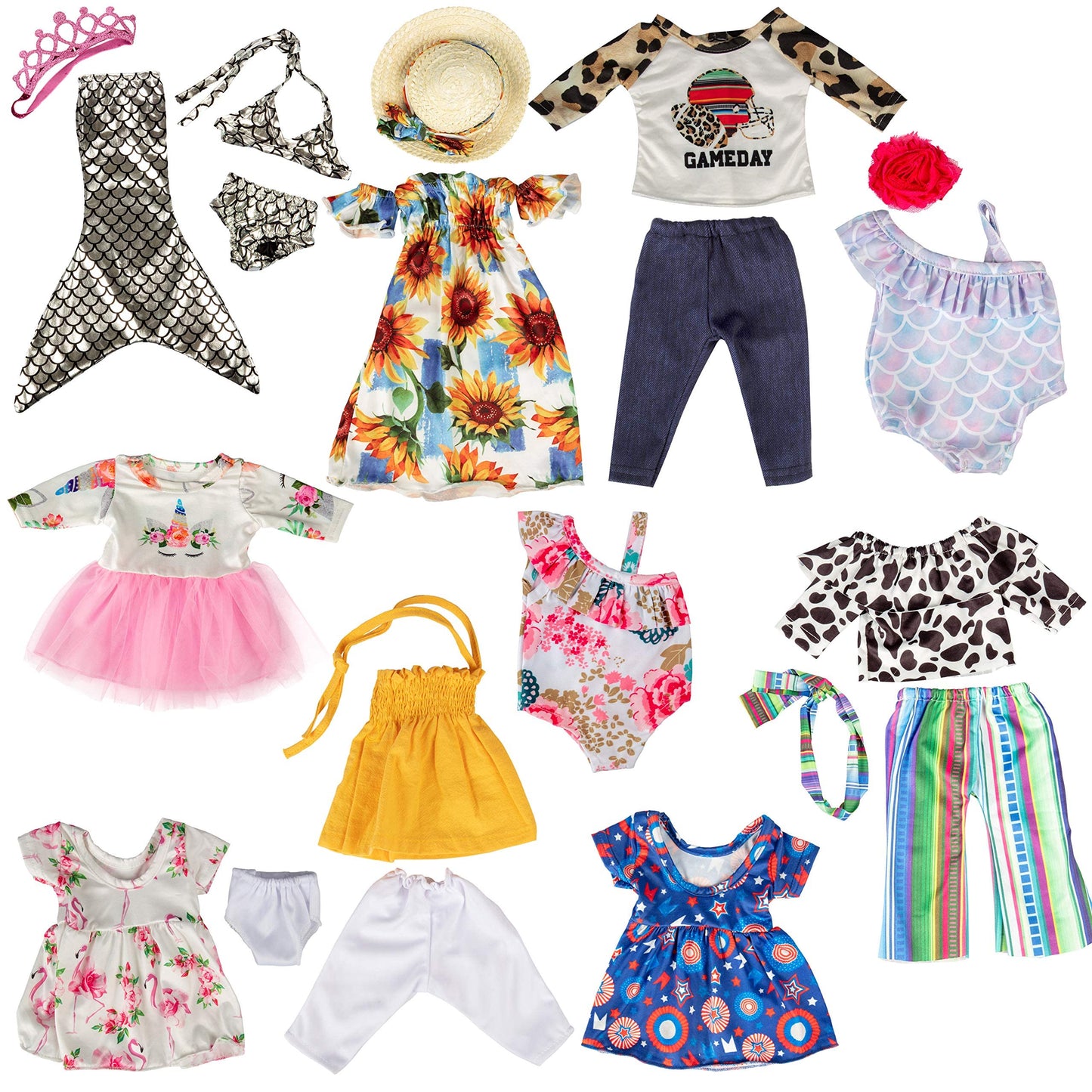 20Pc Clothes Set For American 18' Doll W 10 Different Outfits- Includes Full Outfits & Accessories: Dresses, Bathing Suits, Hats, Hair Bands, Pants, Shirts- Gift Set For Girls & Doll Collectors
