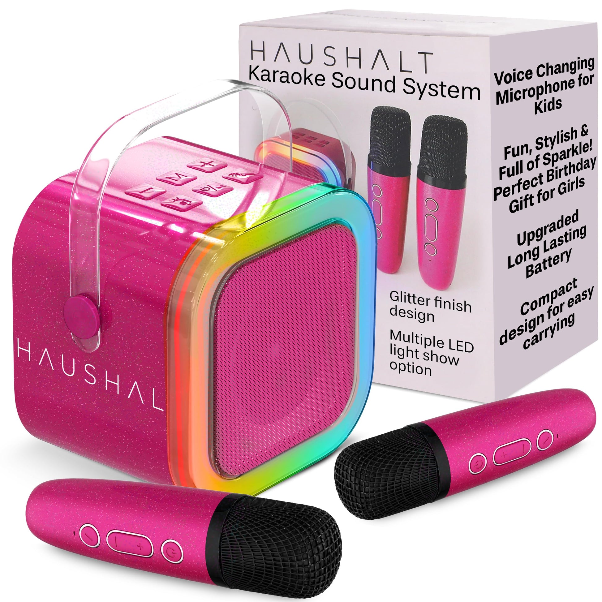 HAUSHALT Mini Karaoke Machine for mature-themeds Kids Teen with 2 Wireless Microphones  Birthday Gift Girls 8-12  Toys for Ages 5-7  Small Portable Bluetooth Speaker  Mini Microphone  Teens Car Singing Mic