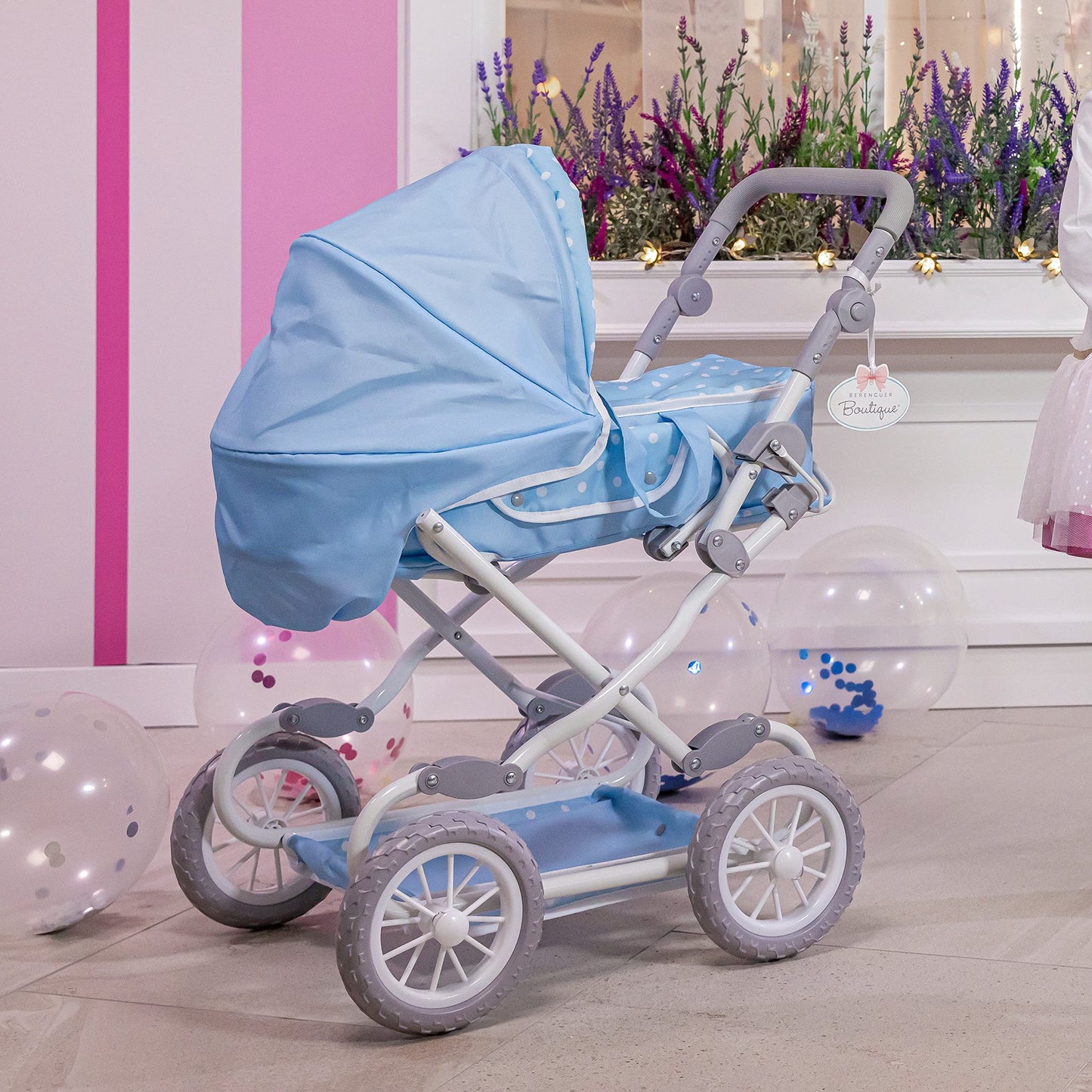 Jc Toys | Berenguer Boutique | Deluxe Foldable Baby Doll Stroller With Canopy | Removable Carry Basket | Blue | Ages 3+