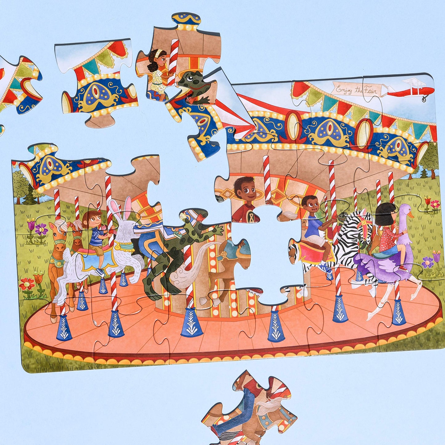 Upbounders: Joyful Carousel Animals Numbers And Colors - 24 Piece 2-Sided Beginnger Puzzle,Toddler Boy,Girl, Ages 3-5, Counting Activity With African American-Diverse Children At Play