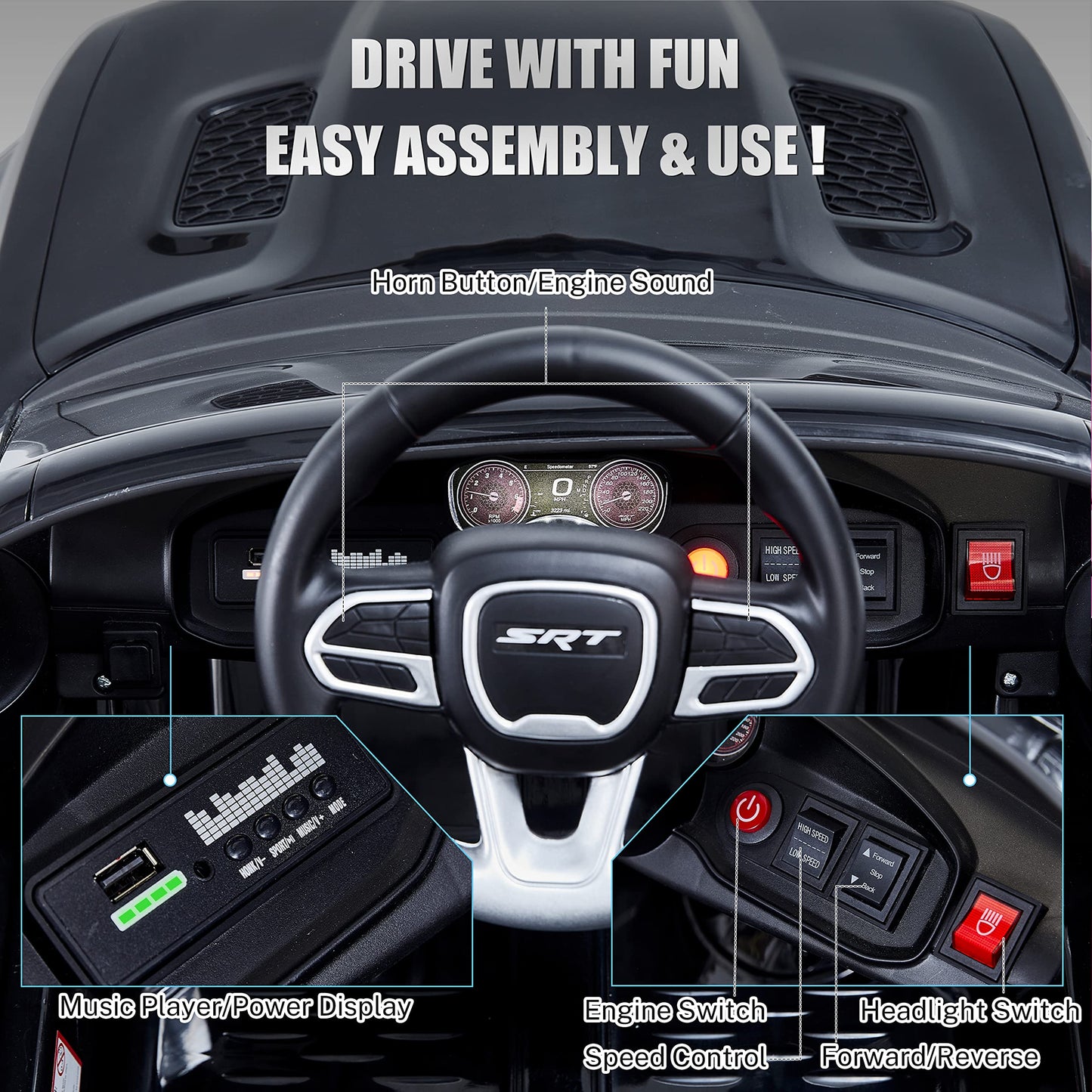 Enyopro 12V 7Ah Kids Electric Ride On Car, Licensed Dodge Charger Srt Hellcat, Battery Powered 4-Wheels Toy Car Electric Vehicle For Kids With Remote Control, 3 Speeds, Led Lights, Music (Black)