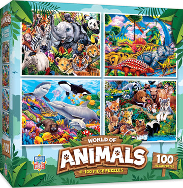 MasterPieces - Jigsaw Puzzle Set for Kids 6+ Years, 4-Pack of 100 Pieces, Educational and Fun Game, World of Animals Collection,