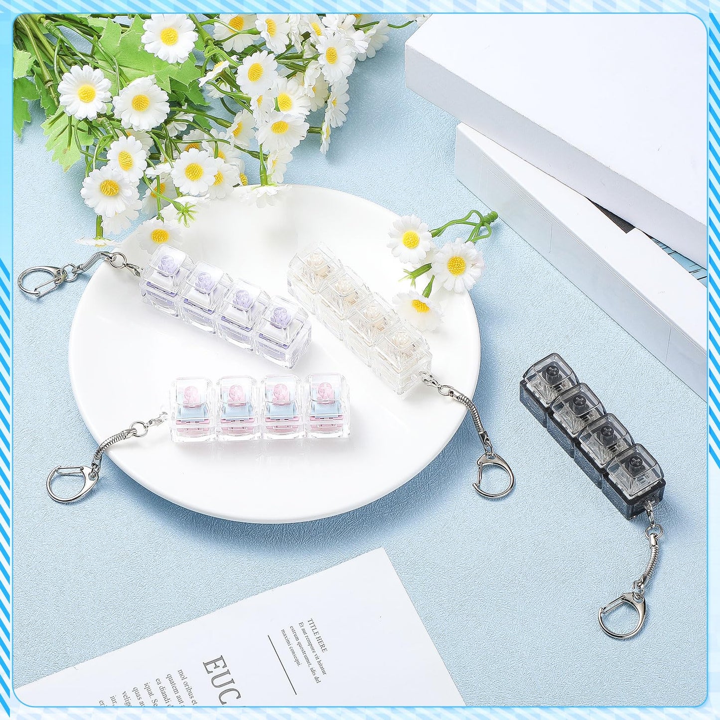 Halloscume 4 Pcs Light Sound Keyboard mature-themed Fidget Toy Clicker Toy 4-in-1 Keyboard Fidget Keychain Cube Mechanical Key Button Clicker Stress Relief Gift for Office School Home (Clear Colors)