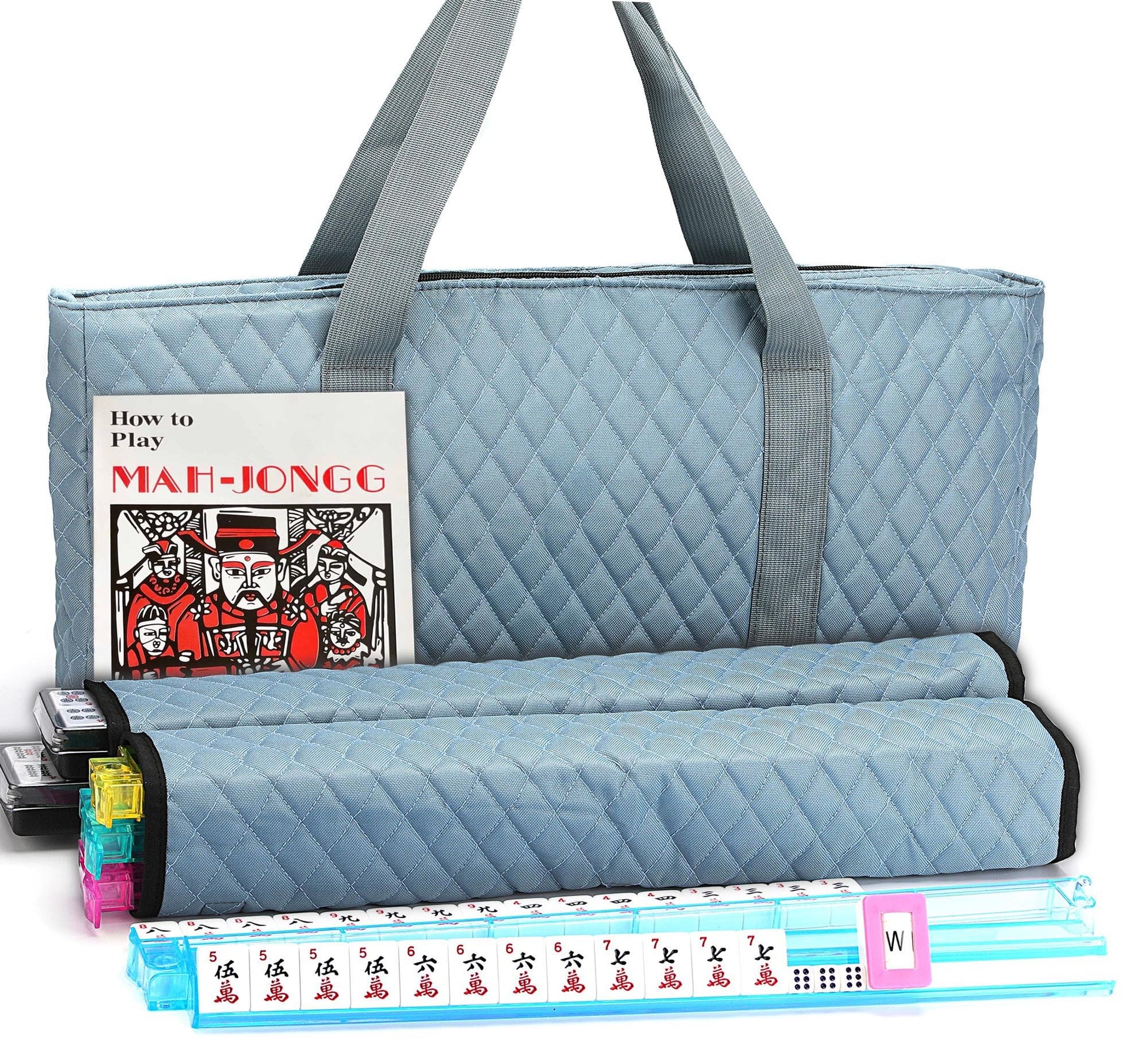 American Mahjong Game Set - Pearl Gray Quilted Soft Bag - 166 White Engraved Tiles  4 All-in-One Rack/Pushers Complete Western Mah-Jongg  Maj Jongg  Ma Jong Set