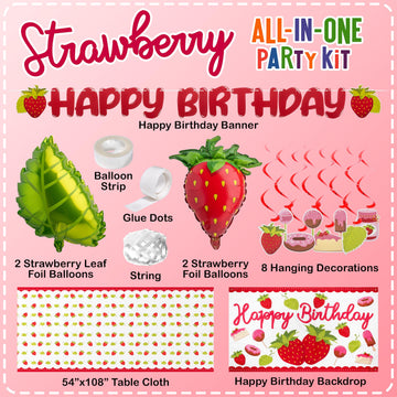 All-In-One 357 Pc Strawberry Party Decorations (Serves 24) Strawberry Party Supplies With Plates, Cups, Napkins, Tablecloth, Bal