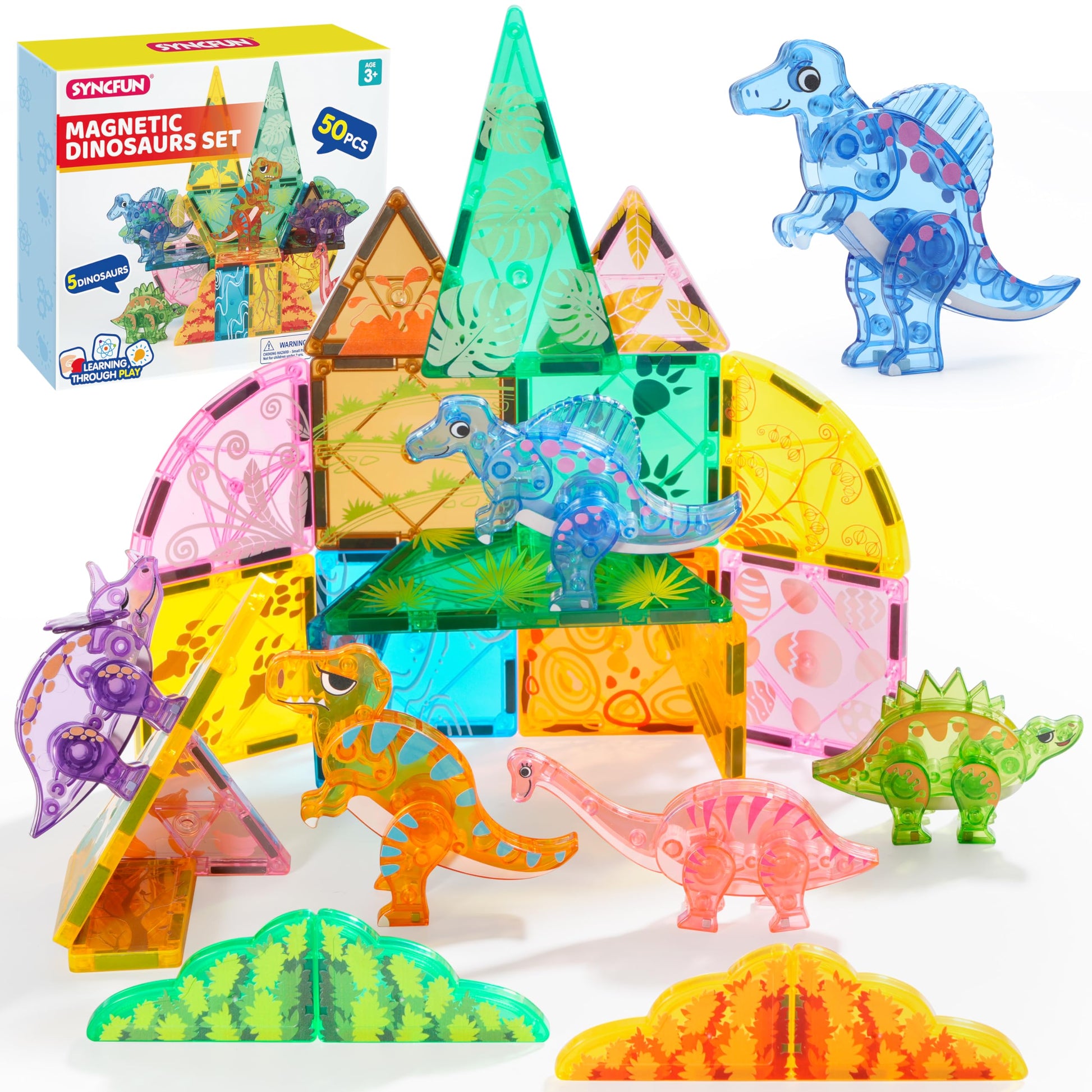 Syncfun Magnetic Building Tiles Dinosaur Set For Kids, 50Pcs Including 5 Cute Dinosaurs, Educational Stem Toy For Boys & Girls A