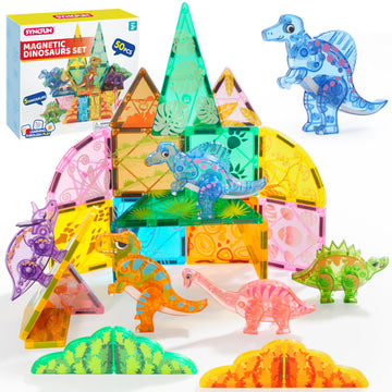 Syncfun Magnetic Building Tiles Dinosaur Set For Kids, 50Pcs Including 5 Cute Dinosaurs, Educational Stem Toy For Boys & Girls A