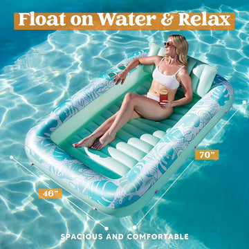 Sloosh Inflatable Tanning Pool Lounger Float, 70' X 46' Pool Floats Adult With Pillow, 4 In 1 Suntan Tub Raft Floatie,Sunbathing Bed Lounge For Water Blow Up Kids Ball Pit Party Gifts, L-Cyan White