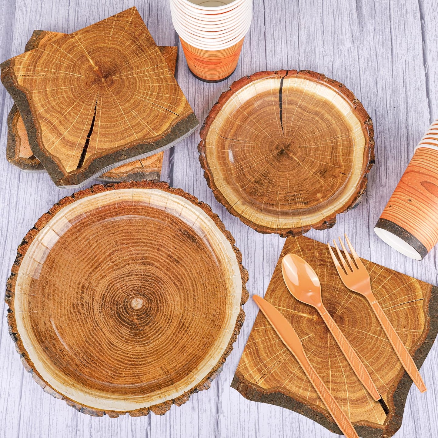 Durony 350 Pieces Camping Wood Grain Slice Tableware Set Rustic Camo Hunter Plates Napkins Cups Cutlery Hunting Birthday Party D
