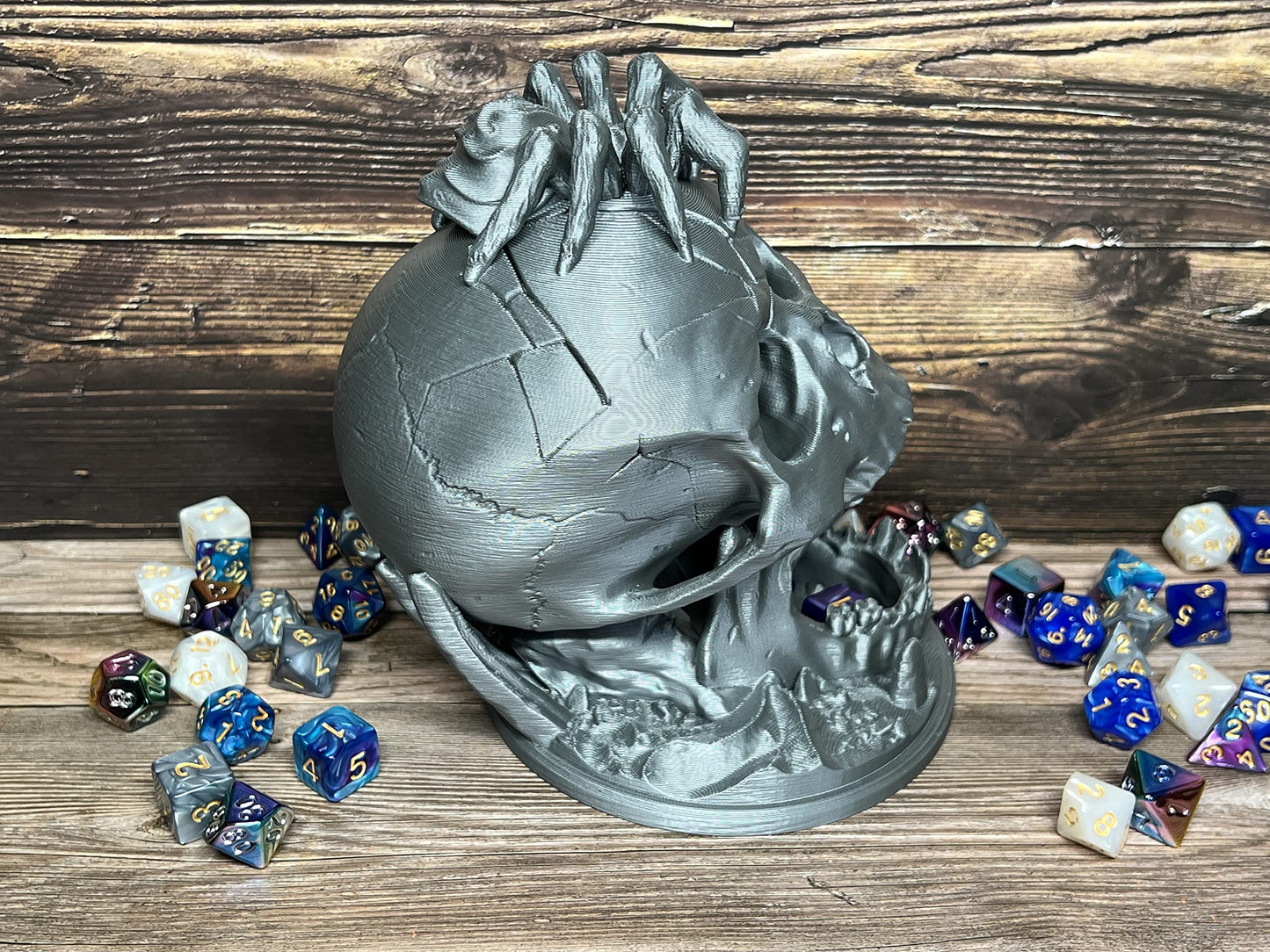 MunnyGrubbers - 6.5  Skull Dice Tower - (Random 7PCS D20 Dice Set Included) - No Paint Odorless Plastic - Tabletop Roleplaying Game - Dice Roller - Dungeons and Dragons - DND - D&D - (Marble)