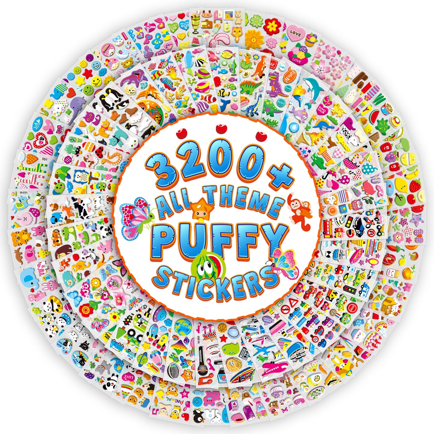 Sinceroduct 3200+ 3D Puffy Stickers for Kids - Multicolored Animal Designs, 64 Sheets, Vinyl Crafting & Classroom Rewards