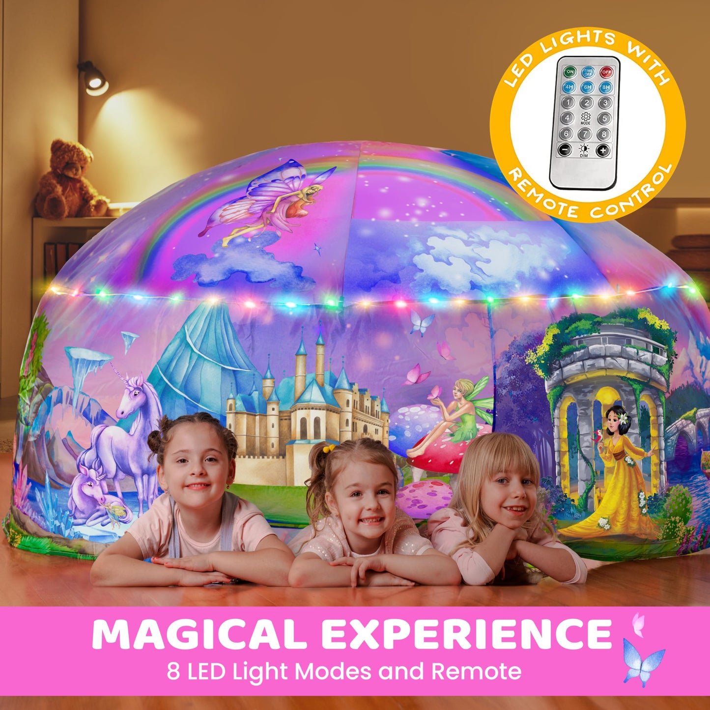W&O Enchanted Aerodome With Led Lights - Inflatable Princess Castle For Kids Aged 3-12, Inflates In Seconds Creating An Immersive Fairytale Experience (Fan Not Included)