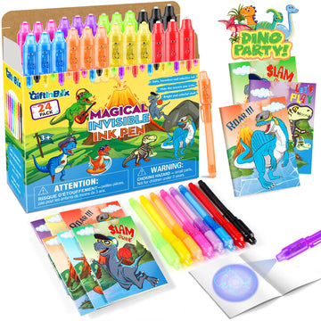 Giftinbox Invisible Ink Pens With Uv Light For Kids, Spy Pen Dinosaur Party Favors For Kids, 24Pack Invisible Ink Pen And Notebook, Uv Pen For Secret Message Escape Room Birthday Party Favors For Kids