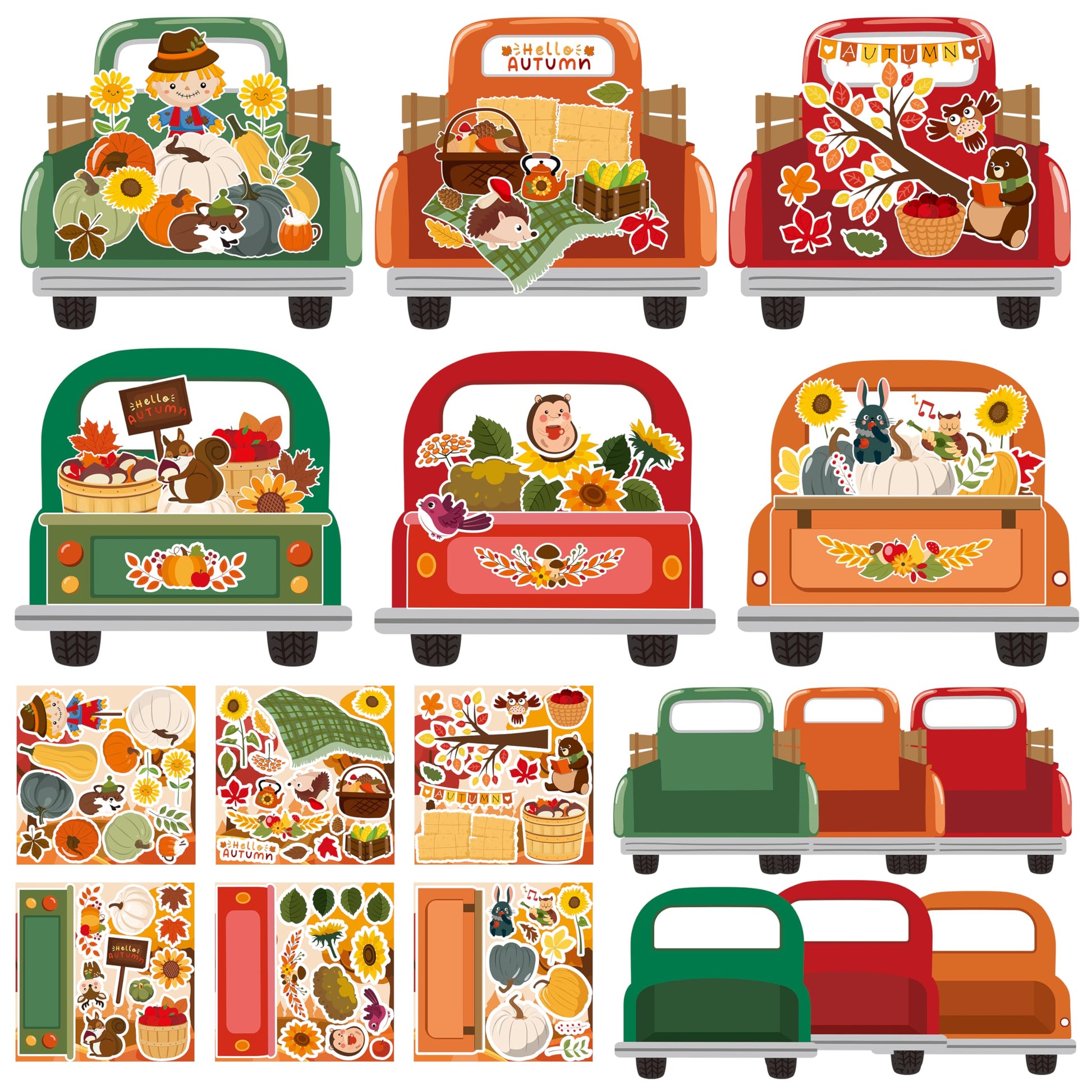 Cy2Side Fall Truck Stickers Scene - 12Pcs Hello Autumn Stickers Scene For Kids Make A Truck Sticker Scene With Pumpkin Maple Make Your Own Fall Truck Art Craft Diy Fall Party Games Class Activities