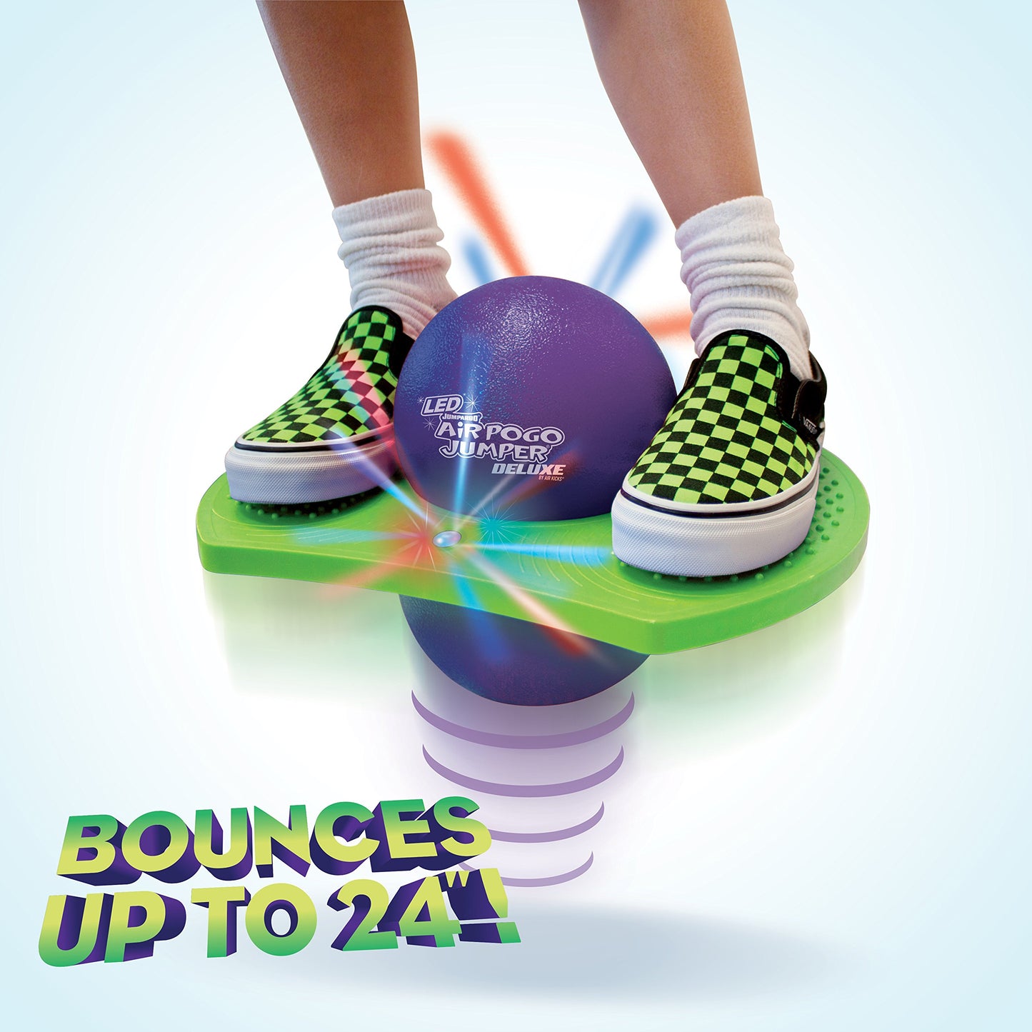Geospace Original Led Air Pogo Jumper Deluxe With Motion-Activated Lights, Indoor Or Outdoor Trick Bounce Board For Boys, Girls, Teens Ages 6+ Or Up To 160 Lbs, Pump Included (Purple/Green)