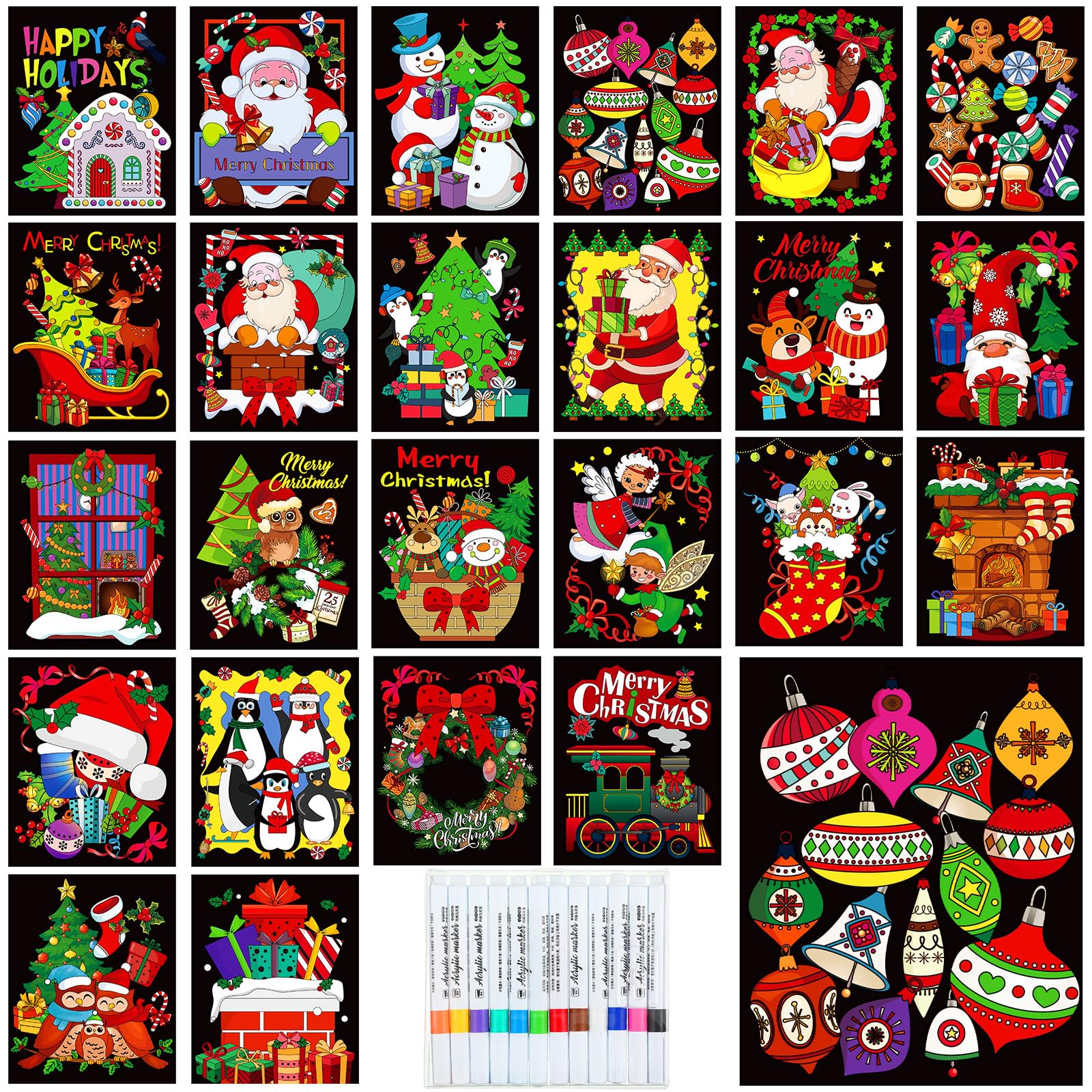 Zhanmai Pack of 48 Velvet Christmas Coloring Posters and Watercolor Pens Fuzzy Velvet Xmas Coloring Posters for Adults Teenagers
