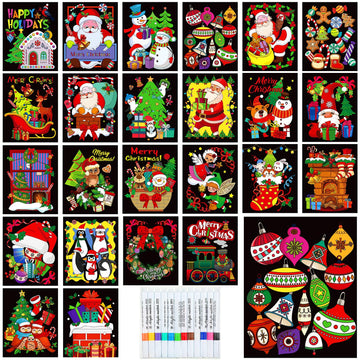 Zhanmai Pack of 48 Velvet Christmas Coloring Posters and Watercolor Pens Fuzzy Velvet Xmas Coloring Posters for Adults Teenagers