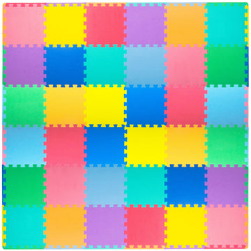Prosource Foam Puzzle Floor Play Mat For Kids And Babies With Solid Colors, 36 Or 16 Interlocking Tiles With Borders, Assorted