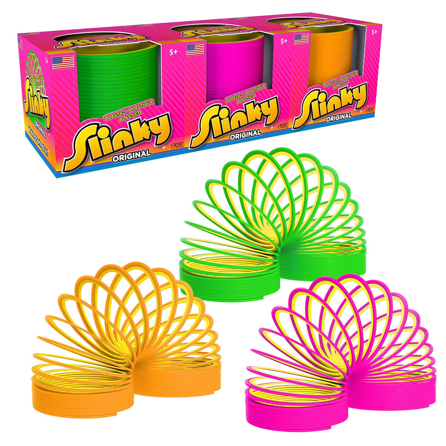 Just Play Slinky - Original Walking Spring Toy, Multicolor Neon, Small, Plastic, 3-Pack, Ages 5 Up, Model 03200
