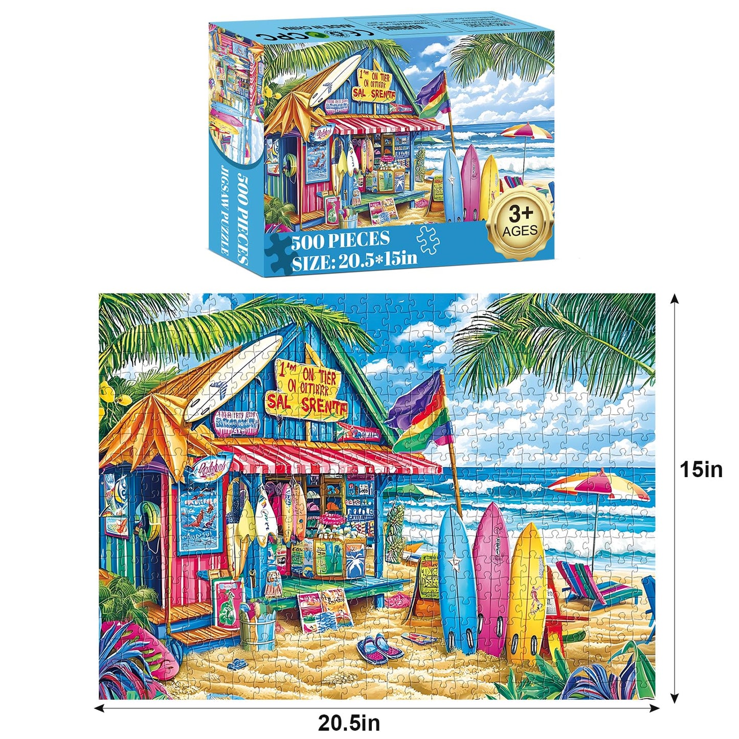 500 Piece Puzzles for Adults,Beach Surf Shack Puzzle,Recycled Cardboard Summer Jigsaw Puzzles 500 Pieces for Kids,Challenging Fa
